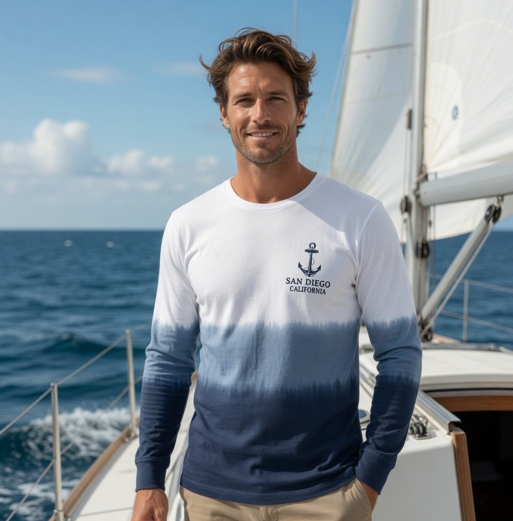 San Diego California Anchor Ombre Long Sleeve T-Shirt Blue White Cotton M